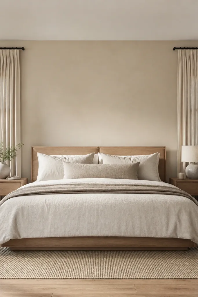 Warm off-white accent wall behind a centered bed with neutral bedding