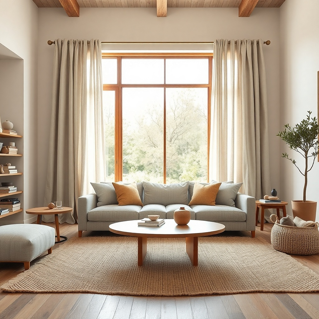 Warm white living room with flax linen curtains and oak floors