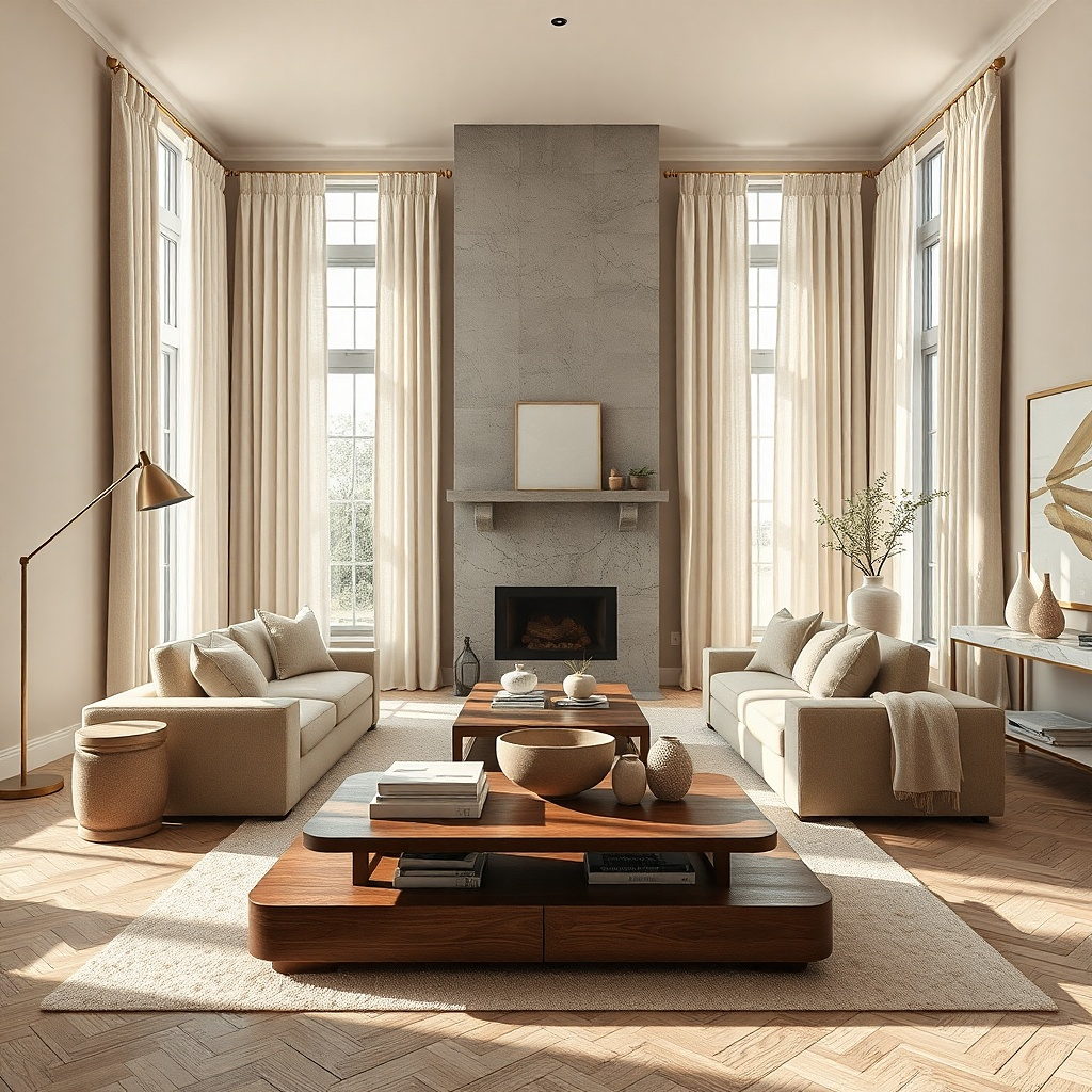 Greige living room with soft ivory curtains and a taupe sofa