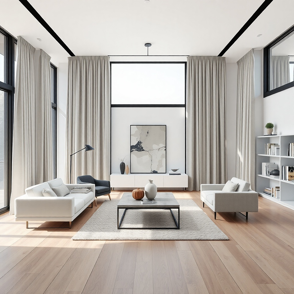 White living room with light gray curtains and black accents