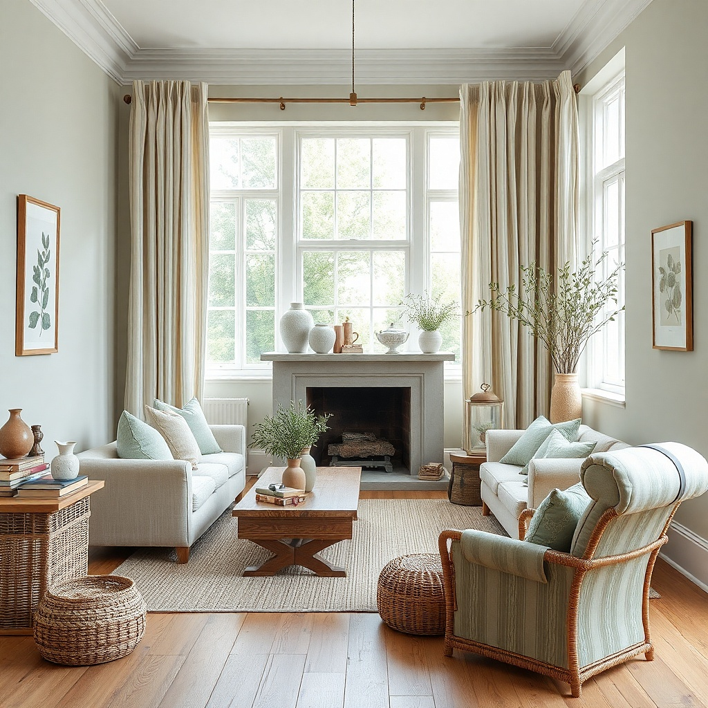 Pale sage living room with creamy stone curtains and natural wood
