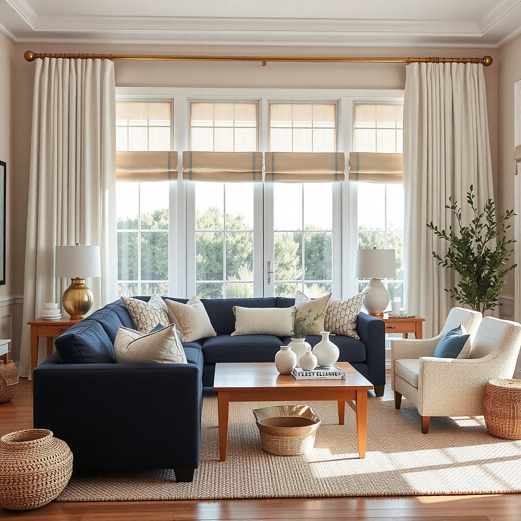 Living room with a navy sofa and warm white curtains