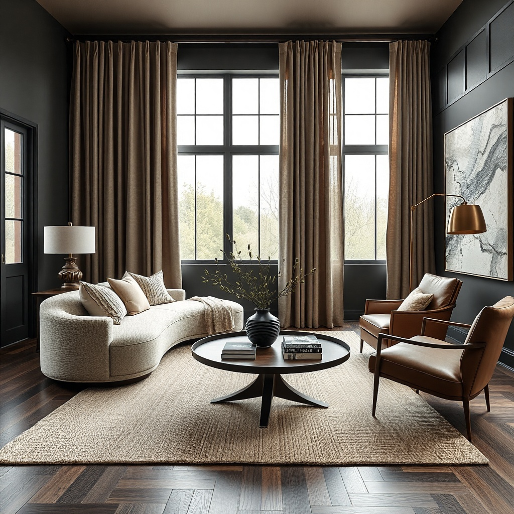 Charcoal living room with mushroom taupe curtains and walnut furniture