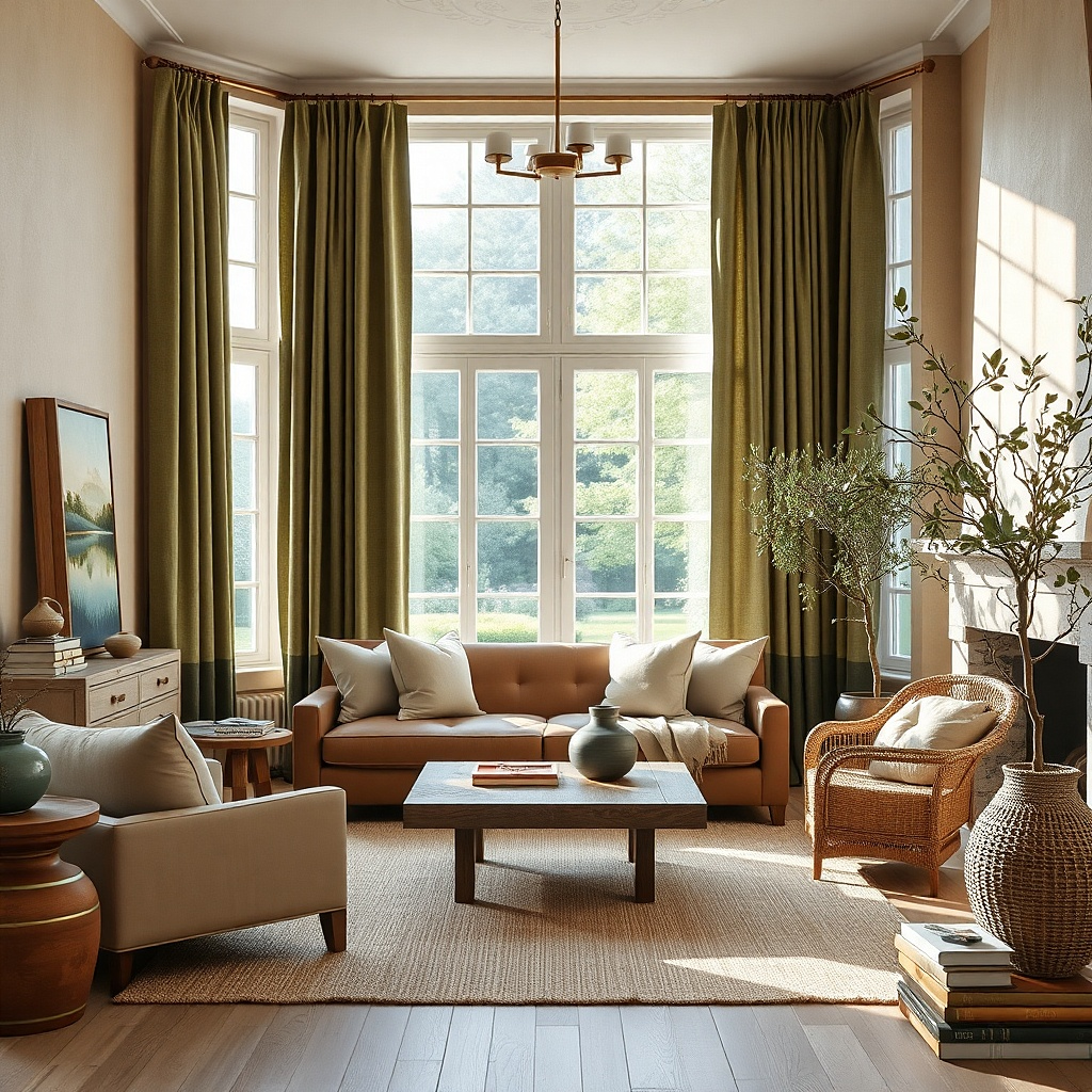 Beige living room with olive curtains and tan seating