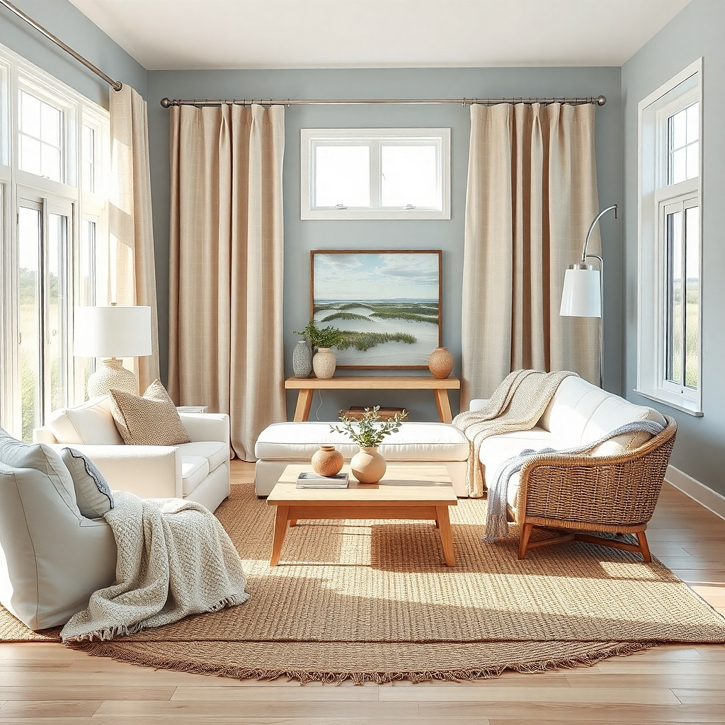 Blue-gray living room with sandy beige curtains and a cream rug