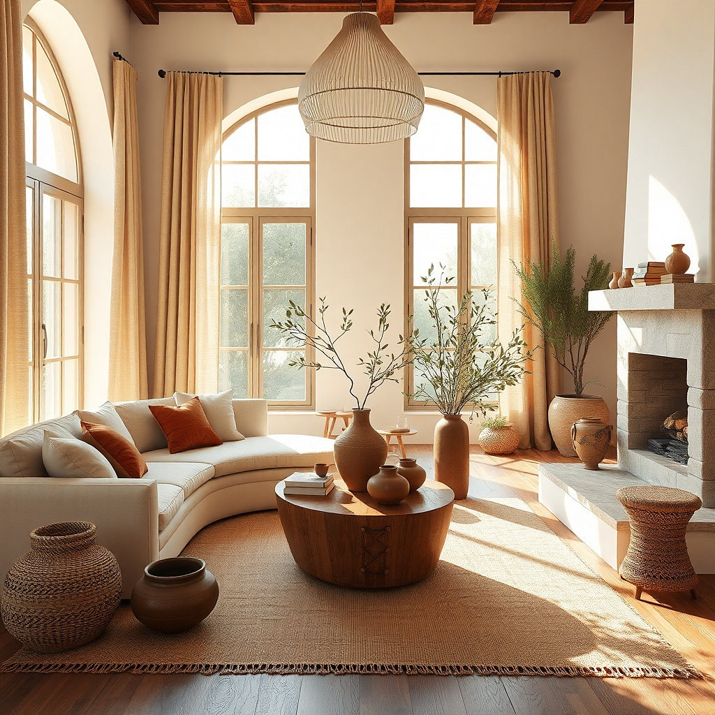 Living room with terracotta accents and oatmeal curtains