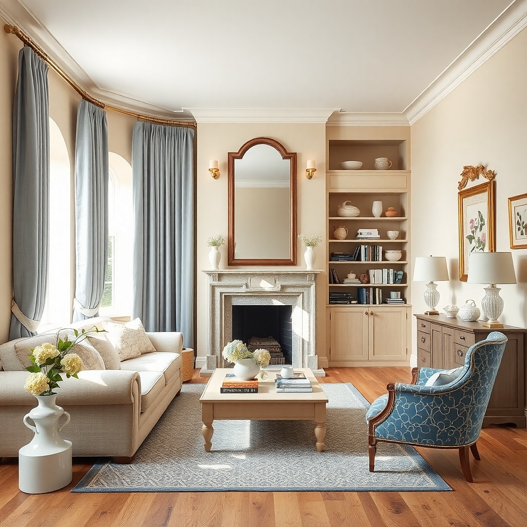 Cream living room with dusty blue curtains and a light wood table