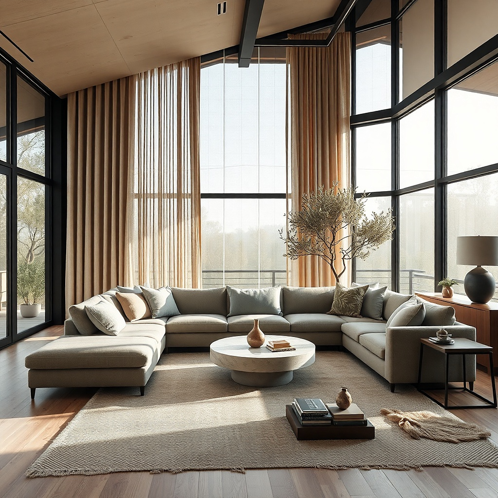 Taupe sofa in a living room with soft moss curtains