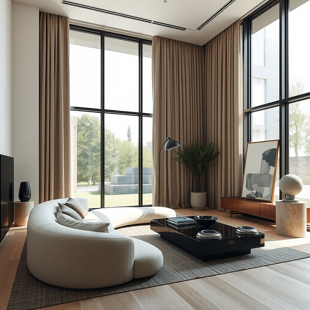 Living room with black window frames and greige curtains