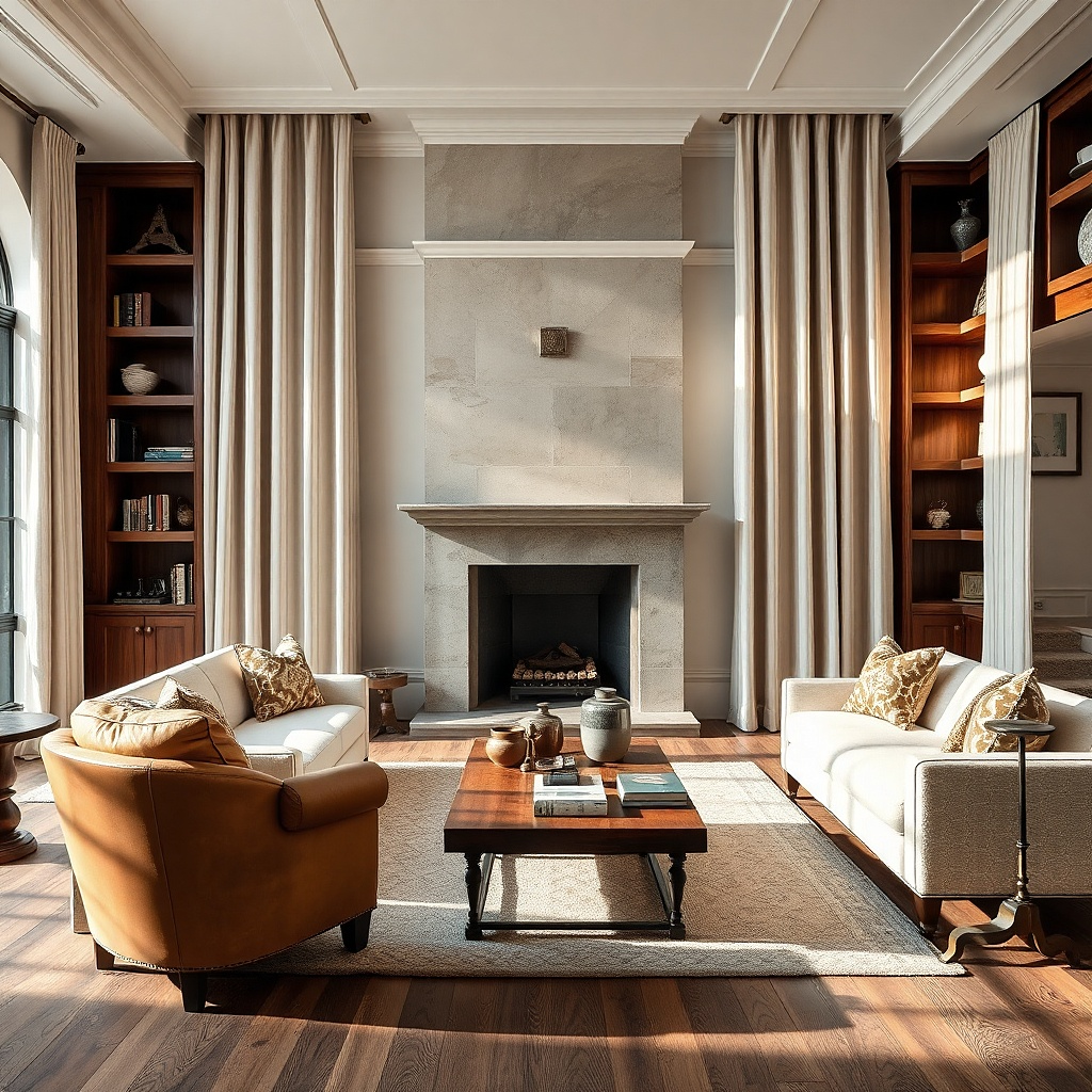 Walnut living room with ivory and camel striped curtains