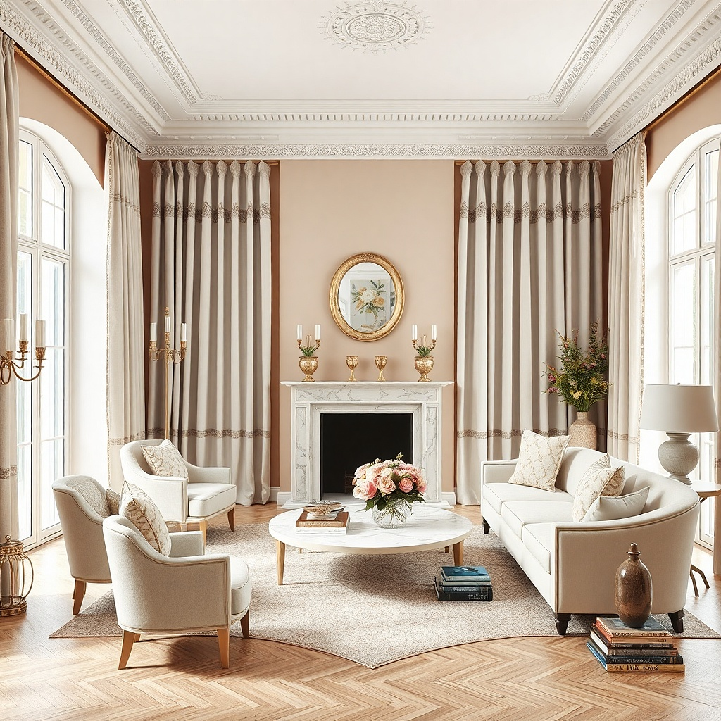 Soft blush living room with putty curtains and neutral seating