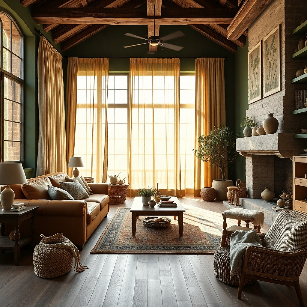 Dark green living room with natural linen curtains