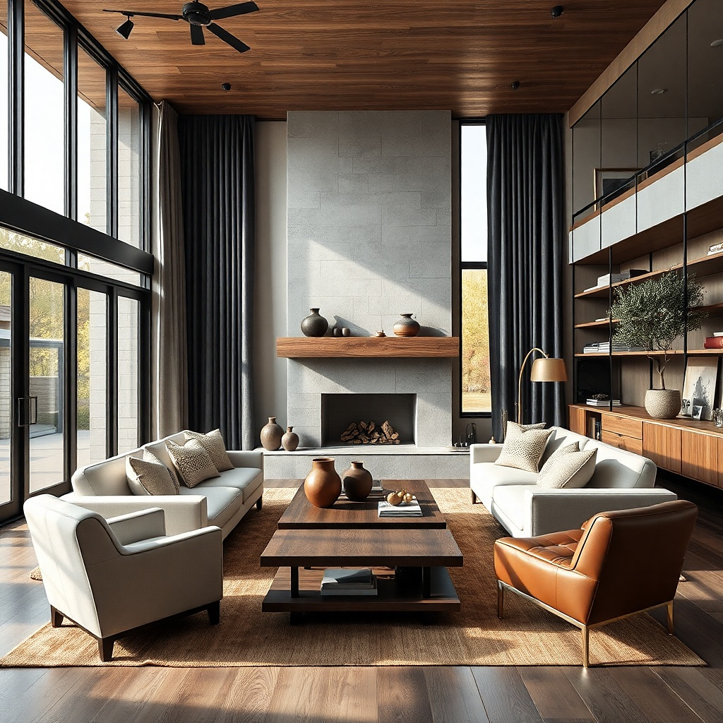 Living room with a stone fireplace and charcoal curtains