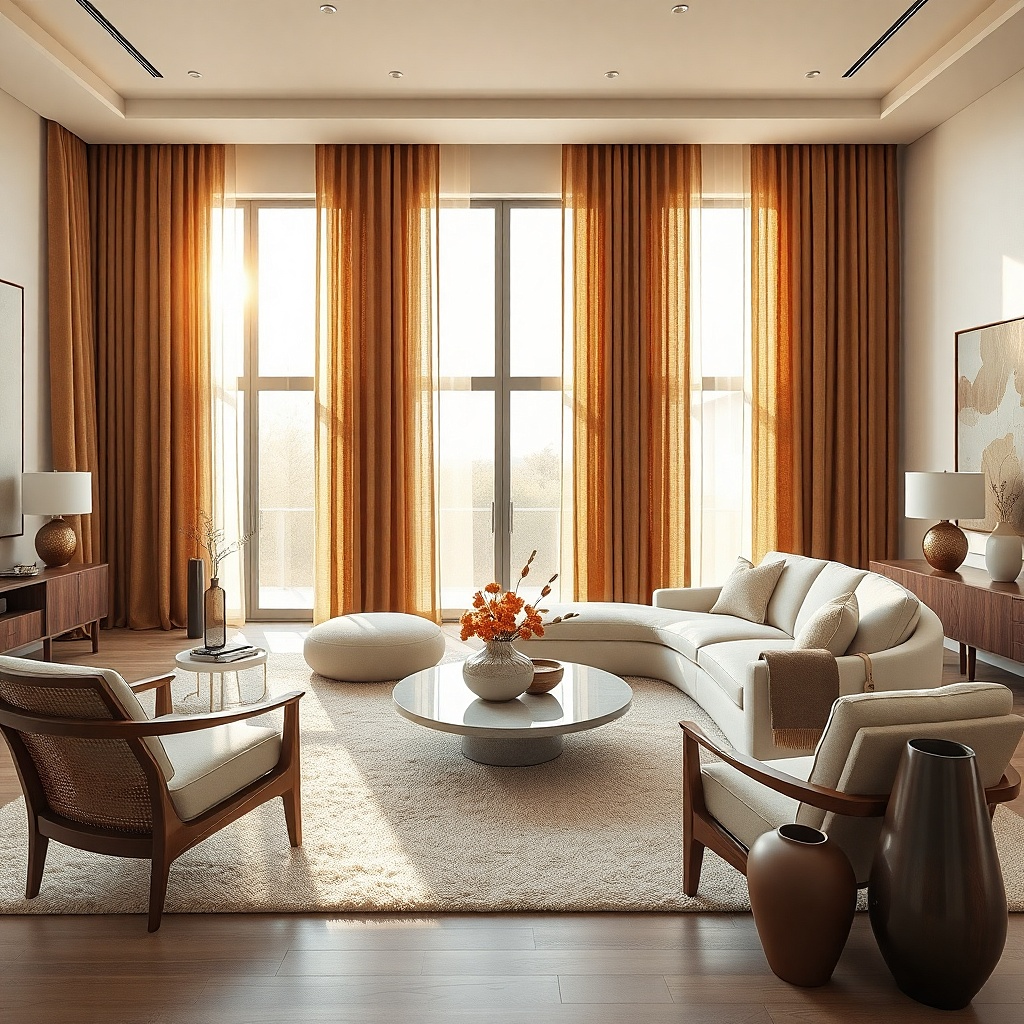 Living room with ivory boucle chairs and tobacco brown curtains