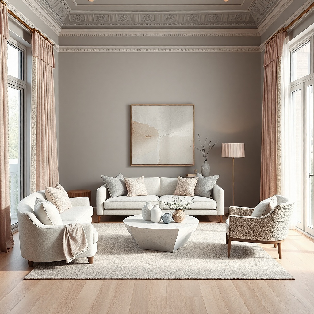 Warm gray living room with dusty rose curtains