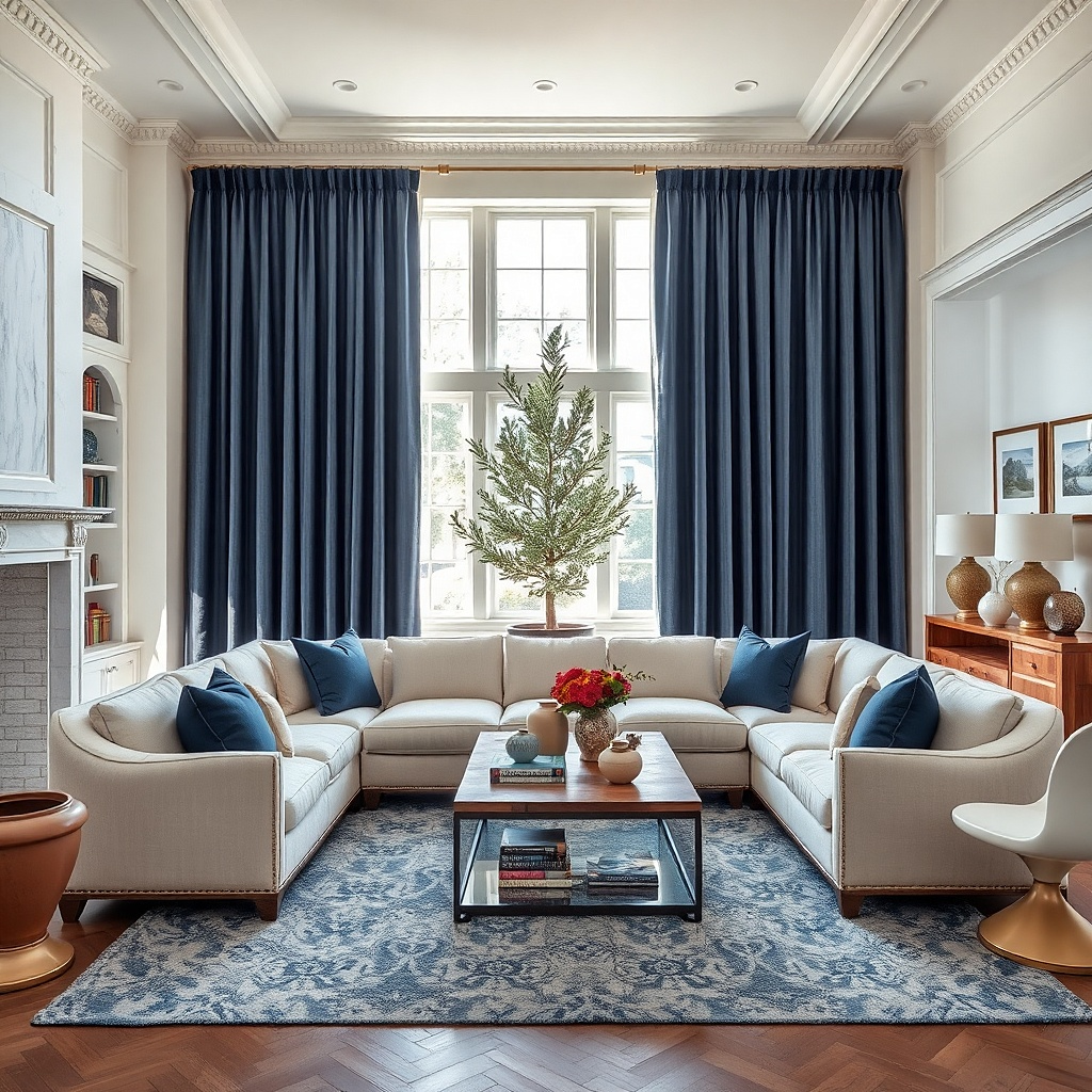 Cream sectional in a living room with slate blue curtains