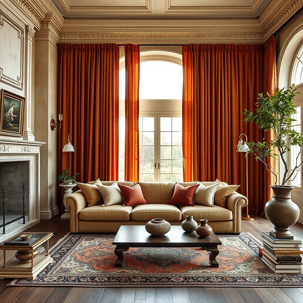 Pale tan living room with rust velvet curtains