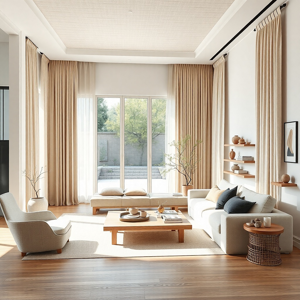 Soft white living room with pale mushroom curtains