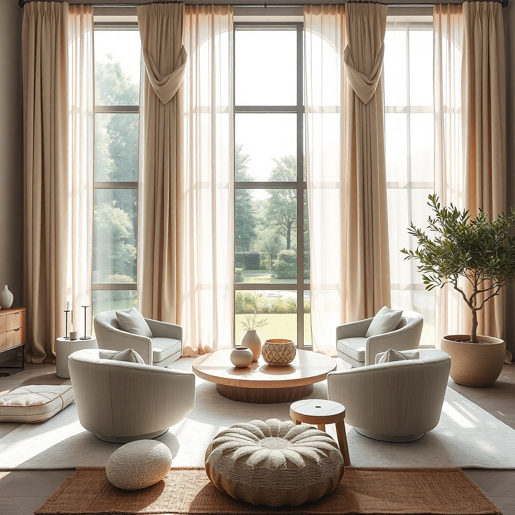 White sheer curtains behind flax drapes on a double rod