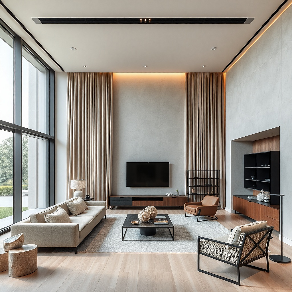 Soft gray ripple fold curtains in a modern living room with large windows