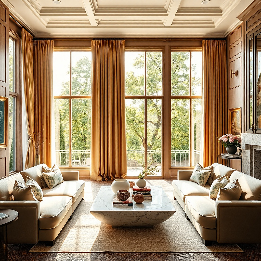 Warm taupe velvet curtains in a cozy living room with low evening light