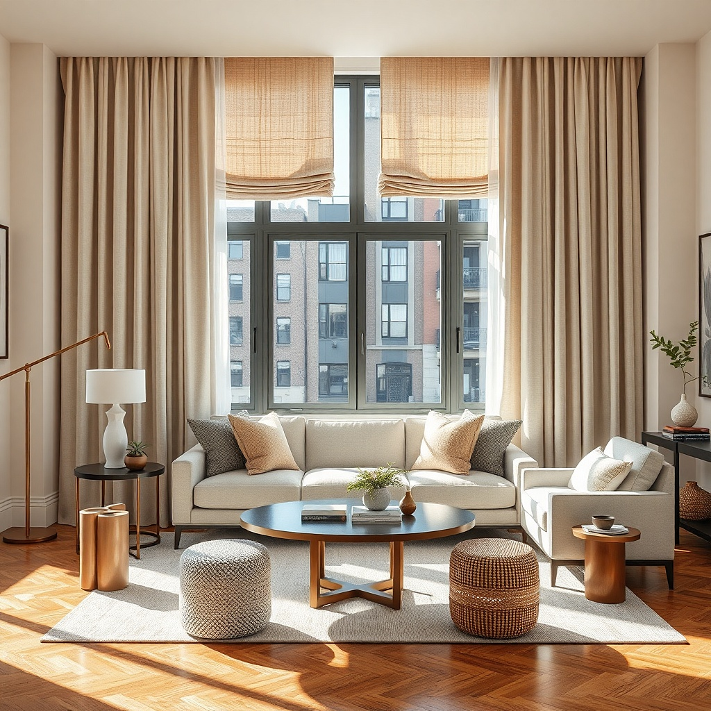 Cream cafe curtains with long side panels on a street-facing living room window