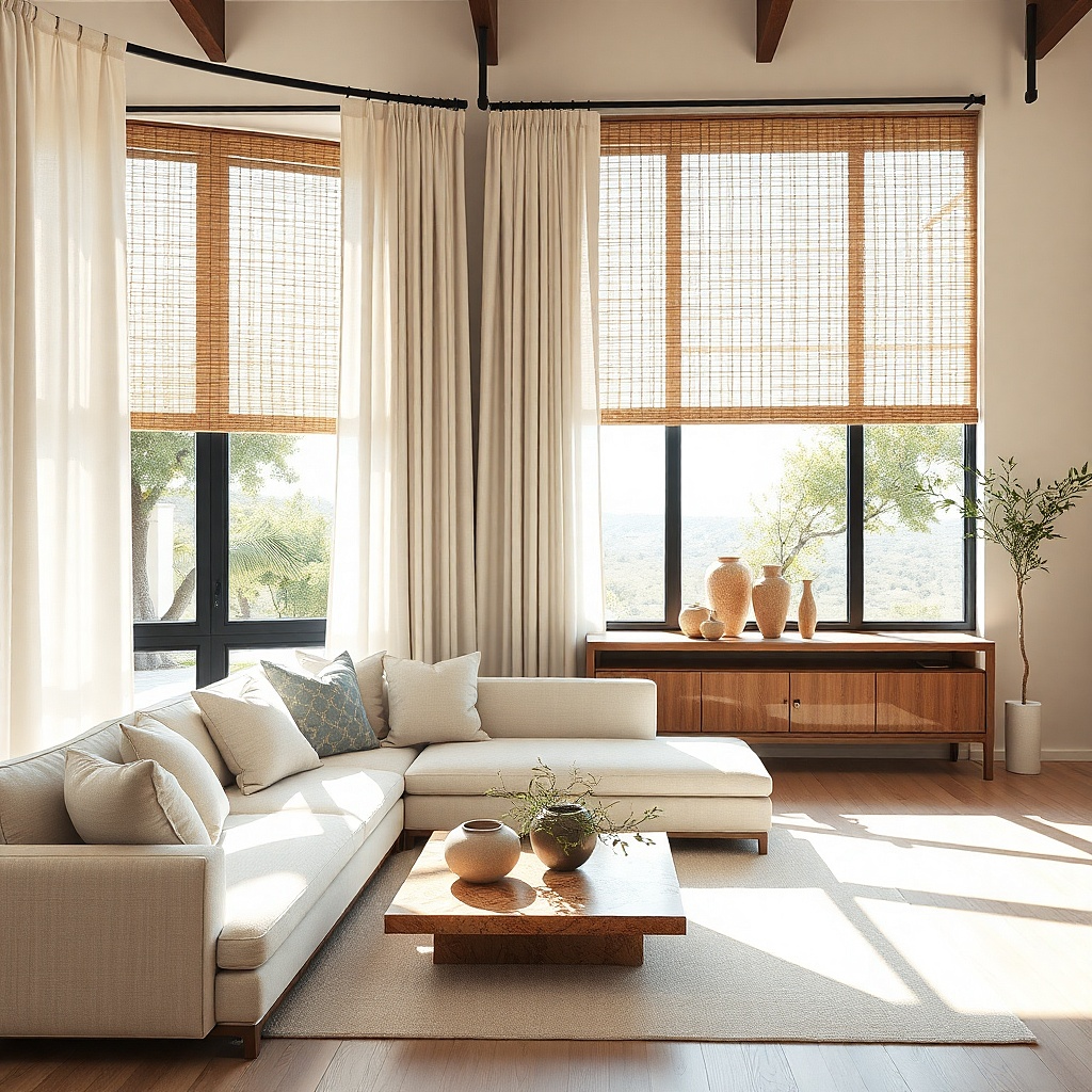 Natural woven shade layered under off-white curtains in a sunny living room