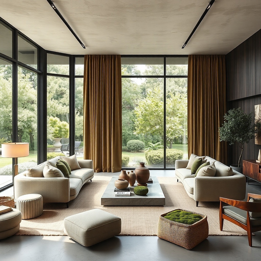 Deep olive curtains against pale walls in a stylish living room