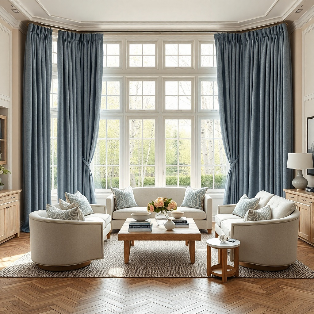 Dusty blue lined curtains in a north-facing living room