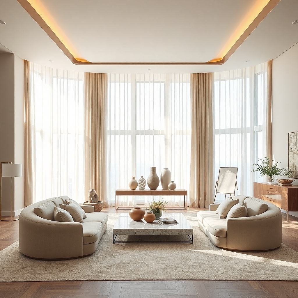 Full wall white sheers on a ceiling track in a bright living room