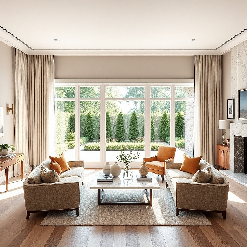Plain off-white curtains with a narrow striped leading-edge trim