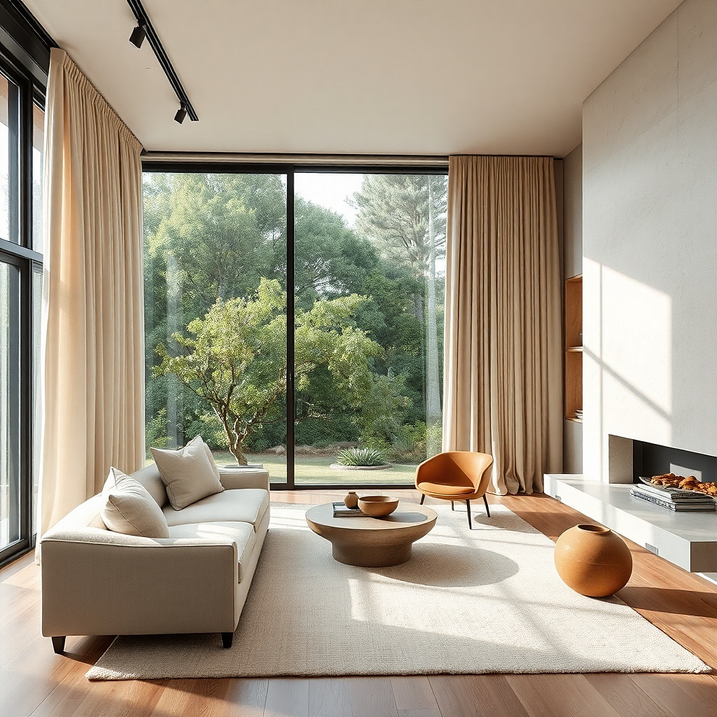 Layered beige curtains and walls in a soft neutral living room