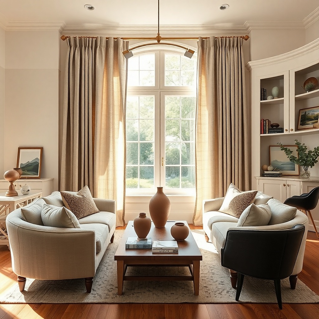 Small print curtains in a simple rental living room with white walls