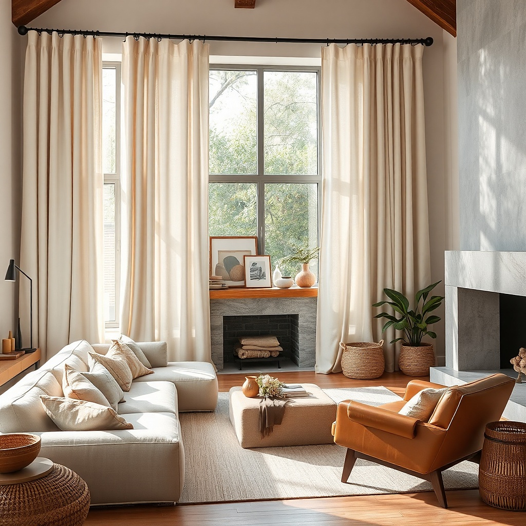 Light beige curtains with blackout lining in a TV room living area