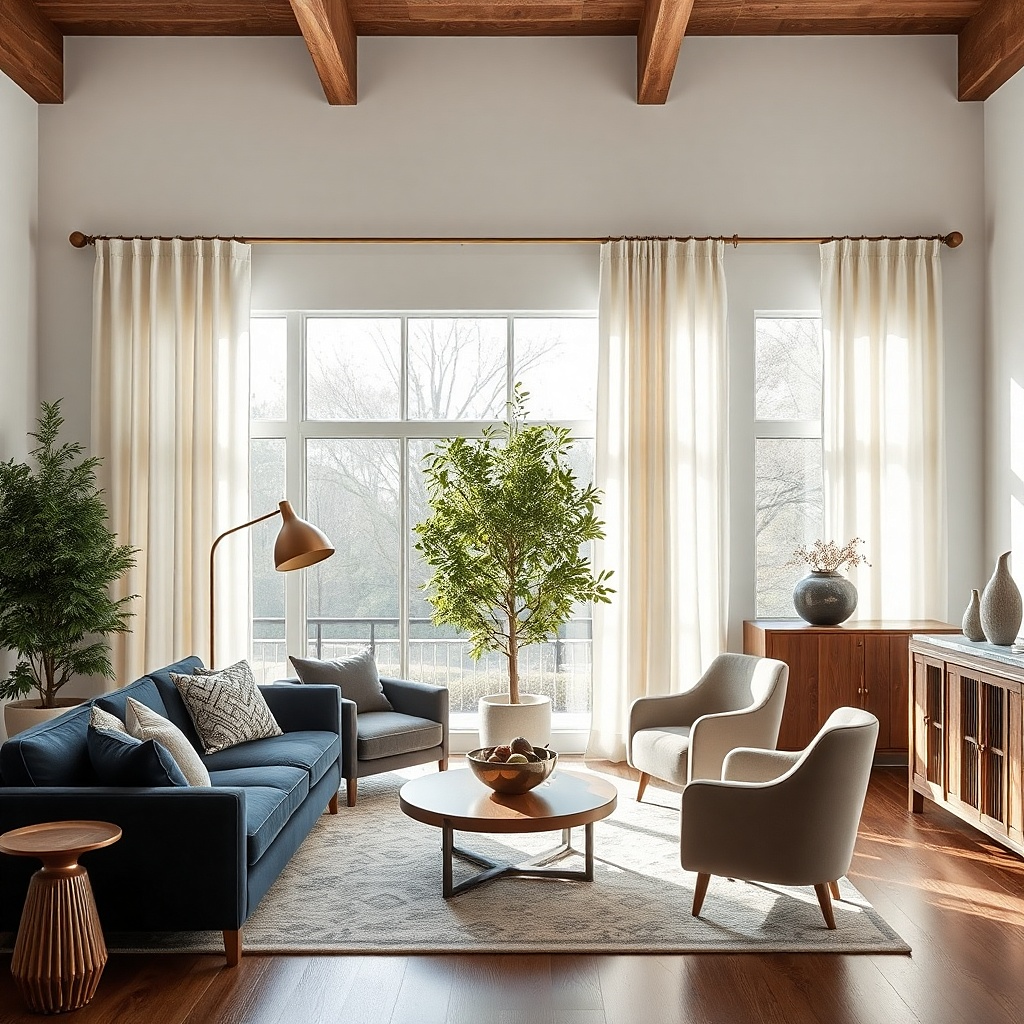 White cotton curtains on a warm brass rod in a classic living room
