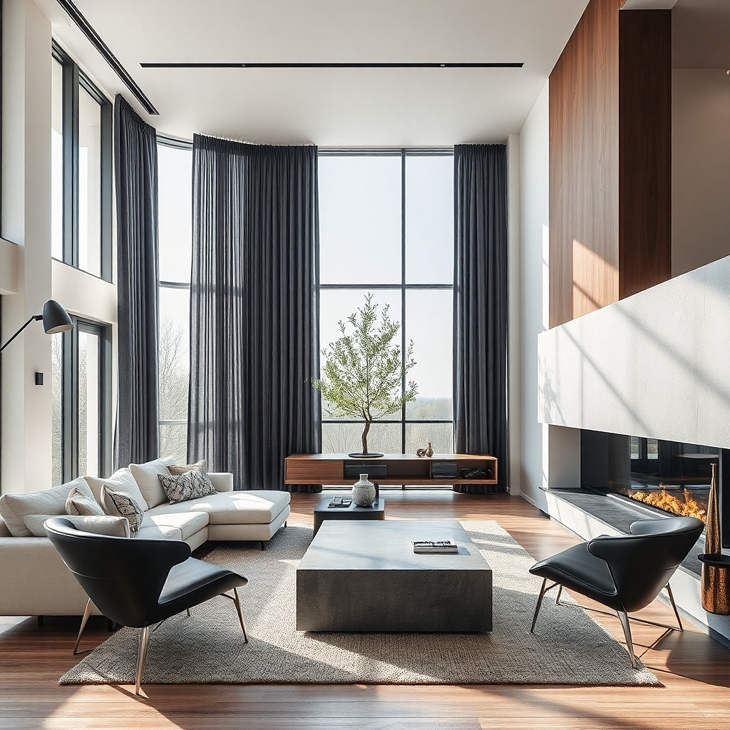 Charcoal curtains in a bright white living room with large windows