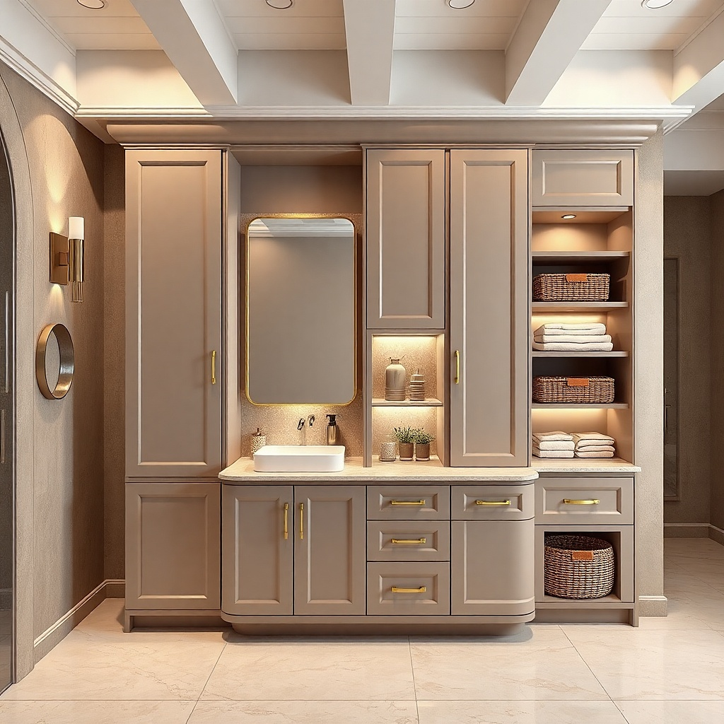 Tall vanity with full-height cabinet doors and a countertop sink