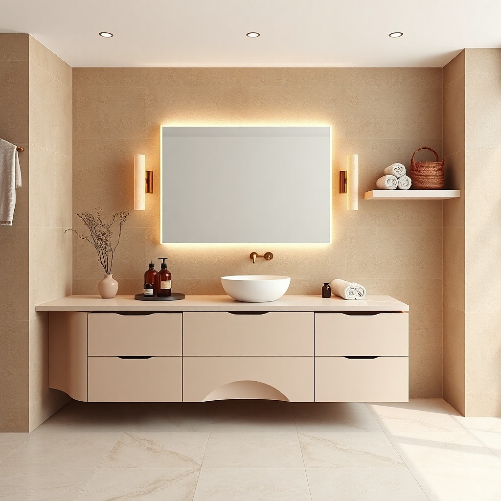 Solid-surface vanity with waterfall edge and a top-mounted sink