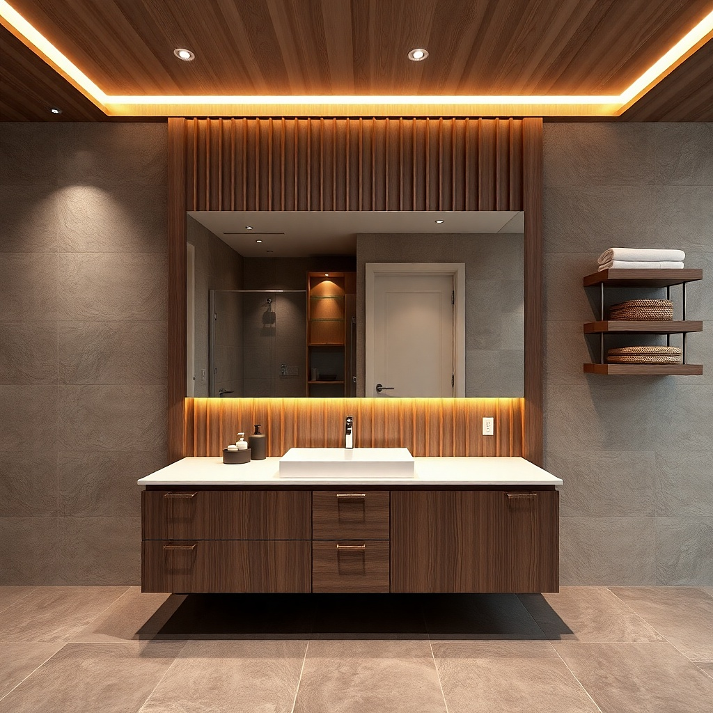 Dark wood-look vanity with vinyl-wrapped doors and a built-in backsplash