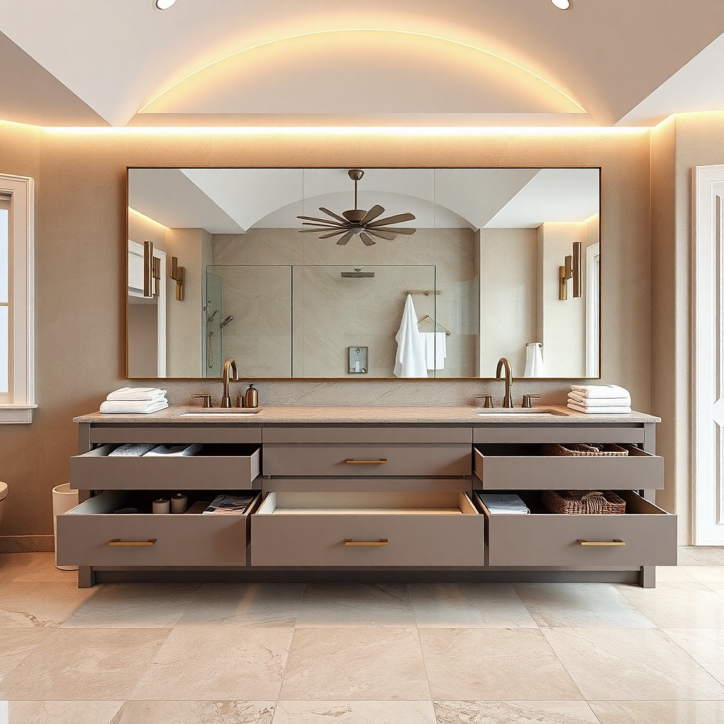 Medium gray vanity with multiple drawers and sealed dividers