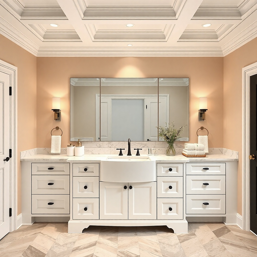 White shaker vanity with matte black pulls and a sealed countertop surface