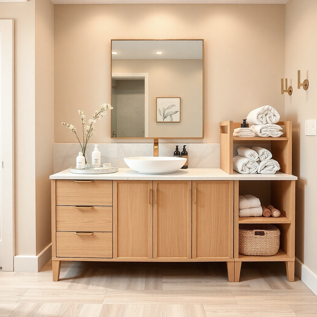 Laminate vanity with rounded countertop edges and a vessel sink with a splash guard