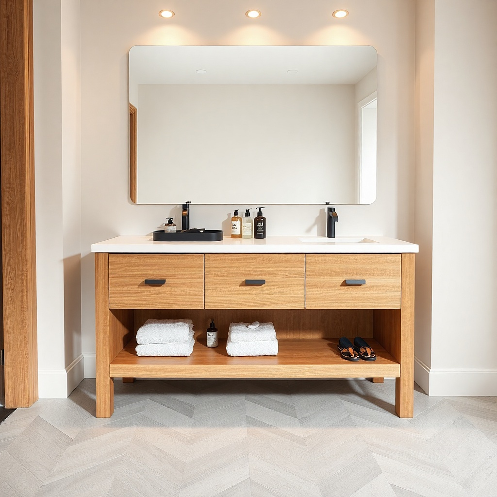 Oak-look sealed vanity with a removable panel under the sink