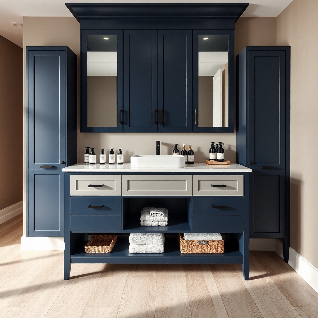 Dark base vanity with light sealed drawers and a single-color countertop