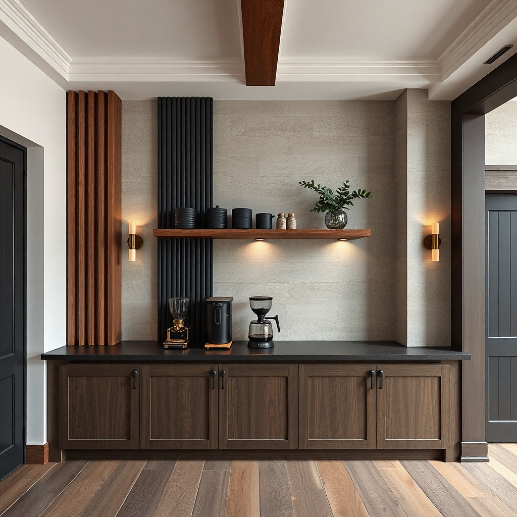 Charcoal canisters on a light wood shelf with a single standing wooden cutting board