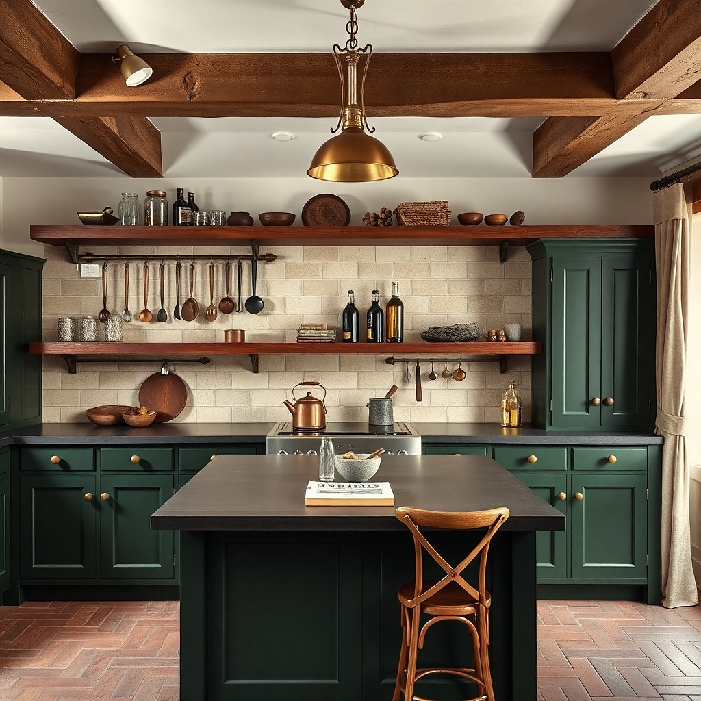 Small brass rail shelf with hanging spoons and two glass jars on a kitchen wall