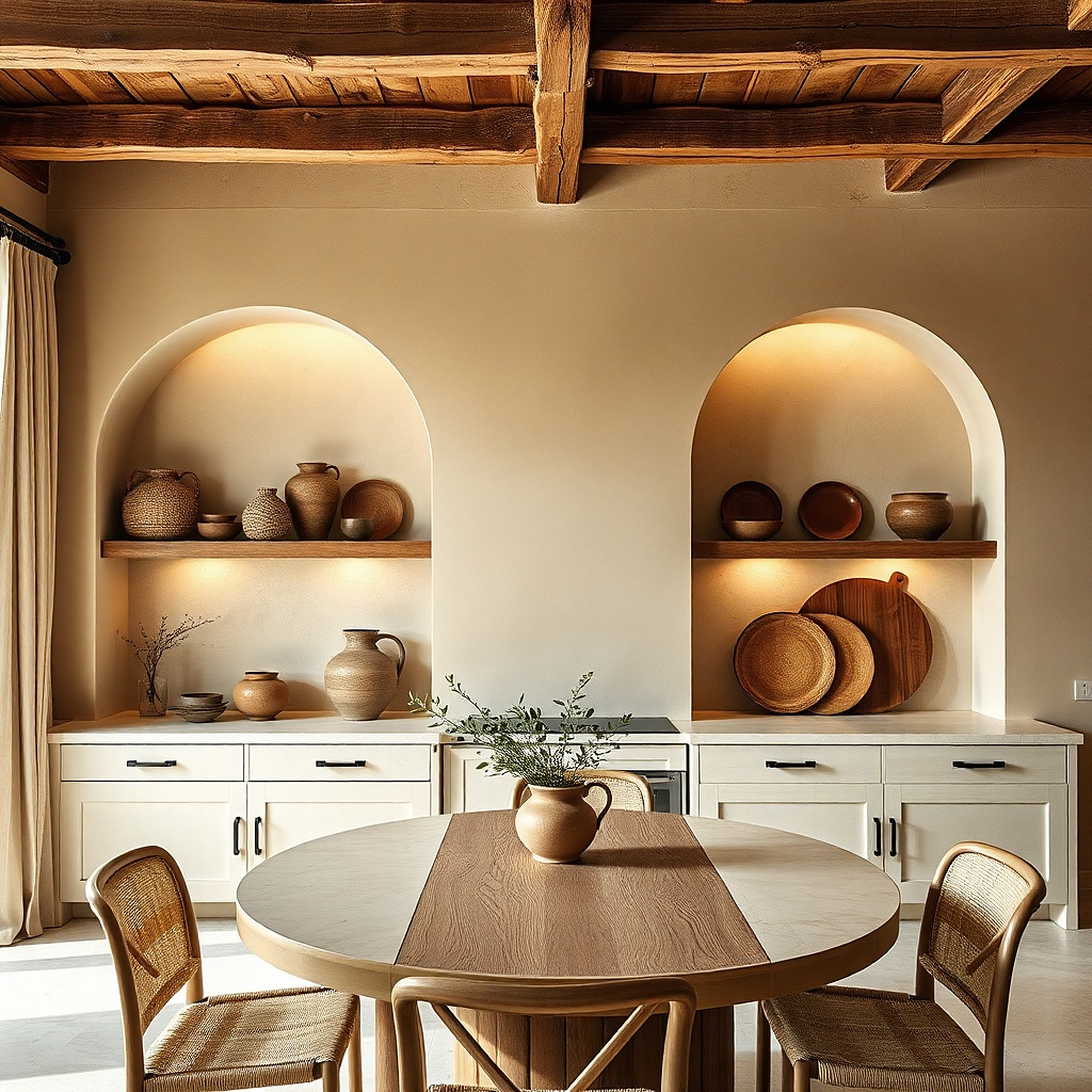 Rattan basket next to a ceramic pitcher on a kitchen wall shelf