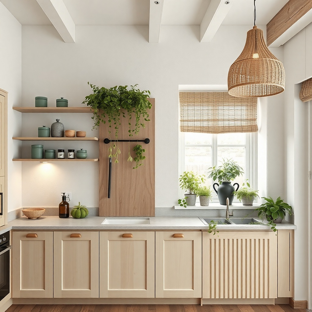 Floating shelf with a small trailing plant and two matching metal tins