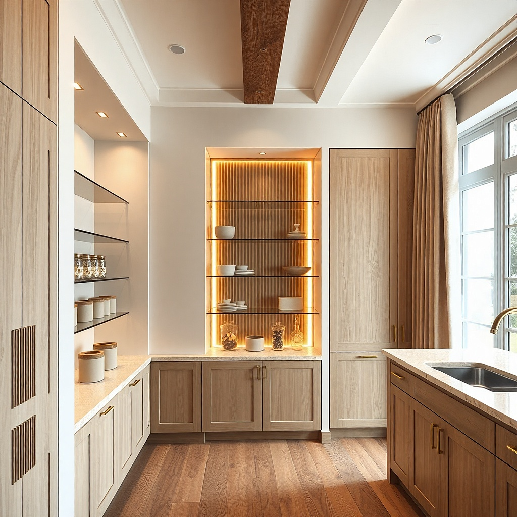 Shelf with clear glass boxes containing matching canisters above the kitchen counter