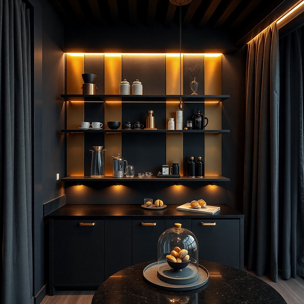 Satin black shelf with three brass canisters and a folded cloth runner